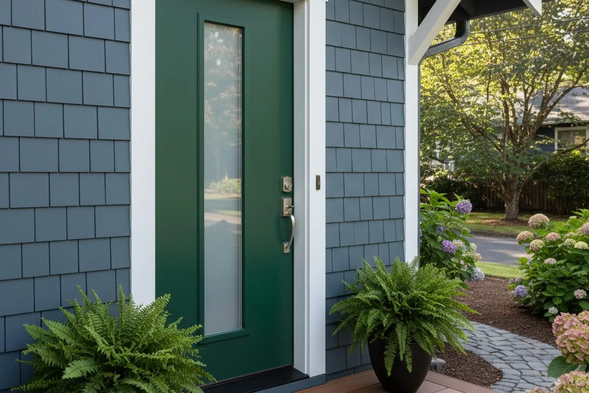 Completed vinyl siding and door installation at Portland OR home by Next Level Exteriors