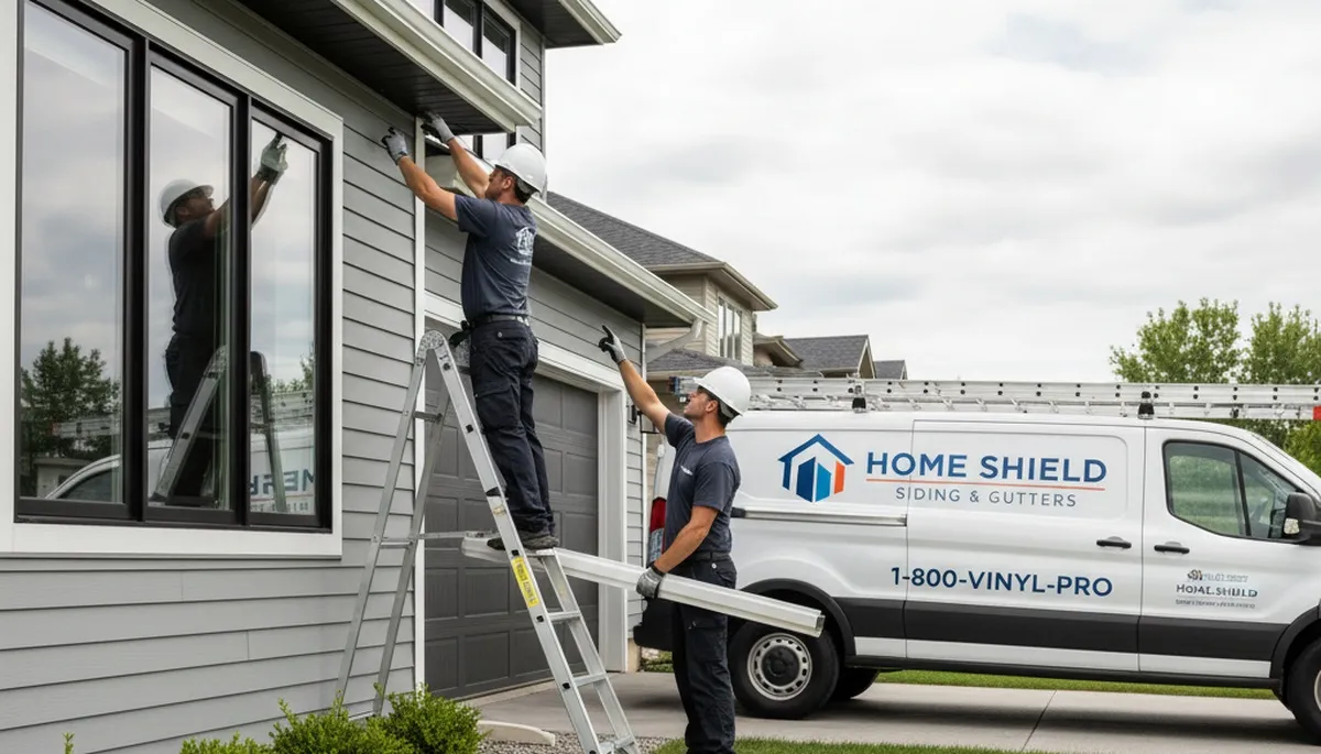 Technician repairing home gutter system in Portland OR for Next Level Exteriors vinyl siding service